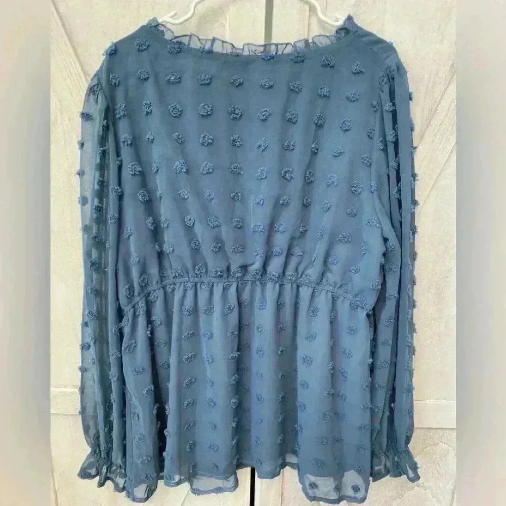 Maacie Babydoll Top Womens 2XL Sheer Long Sleeve Swiss Dots Large Blue Feminine - Picture 2 of 7